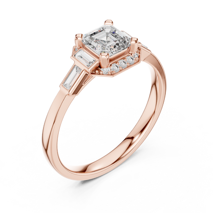 0.60CtRadiant Cut Baguette Side Stone Engagement Ring-Minimal  Silver Ring Embellished with Elongated Cut Stones