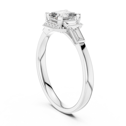 0.60CtRadiant Cut Baguette Side Stone Engagement Ring-Minimal  Silver Ring Embellished with Elongated Cut Stones