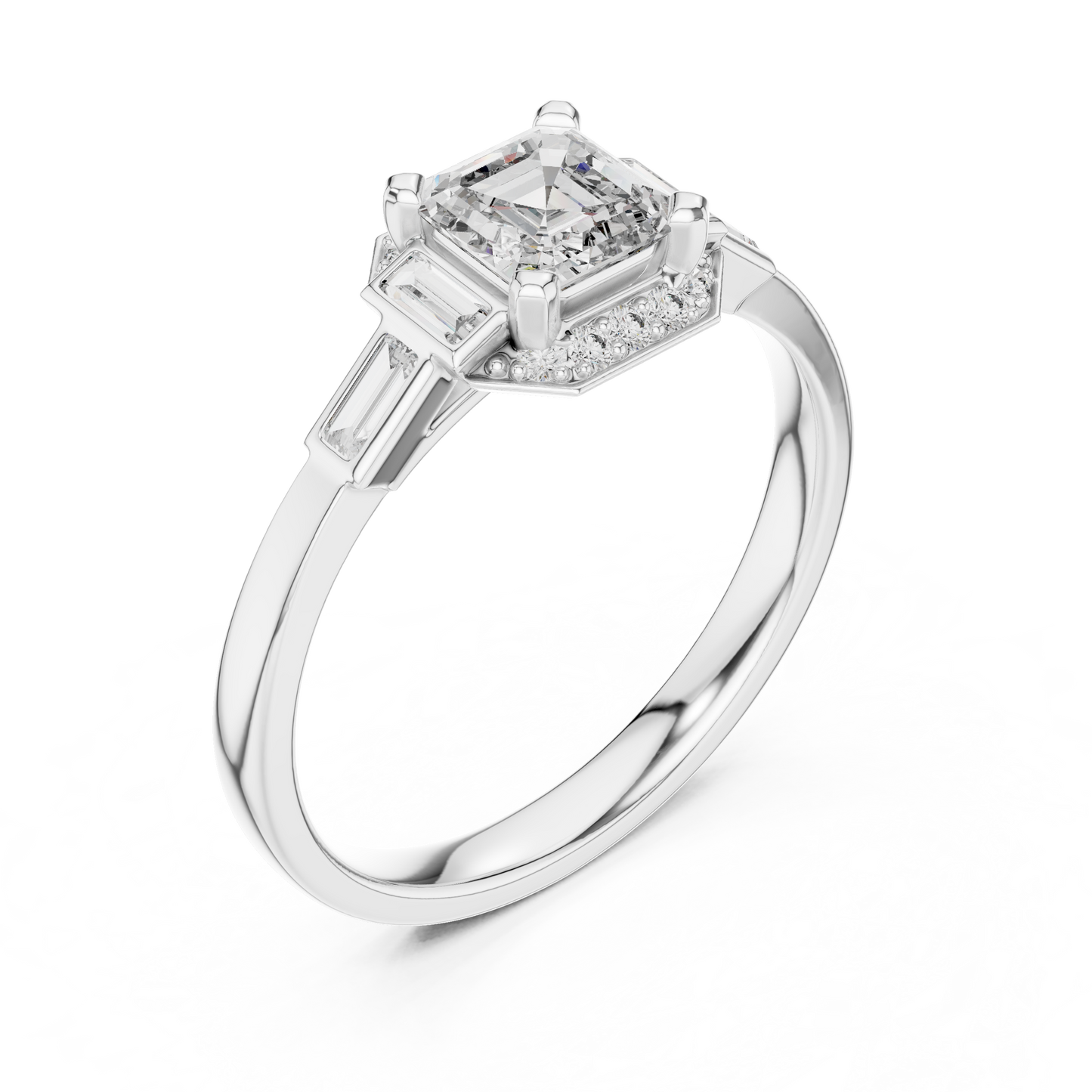 0.60CtRadiant Cut Baguette Side Stone Engagement Ring-Minimal  Silver Ring Embellished with Elongated Cut Stones