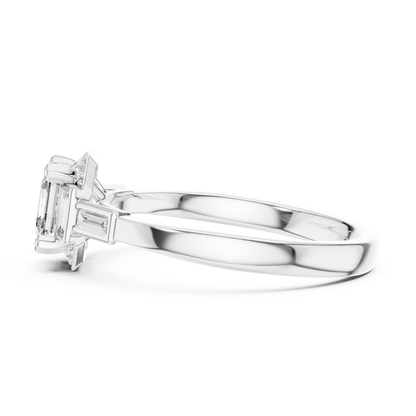 0.60CtRadiant Cut Baguette Side Stone Engagement Ring-Minimal  Silver Ring Embellished with Elongated Cut Stones