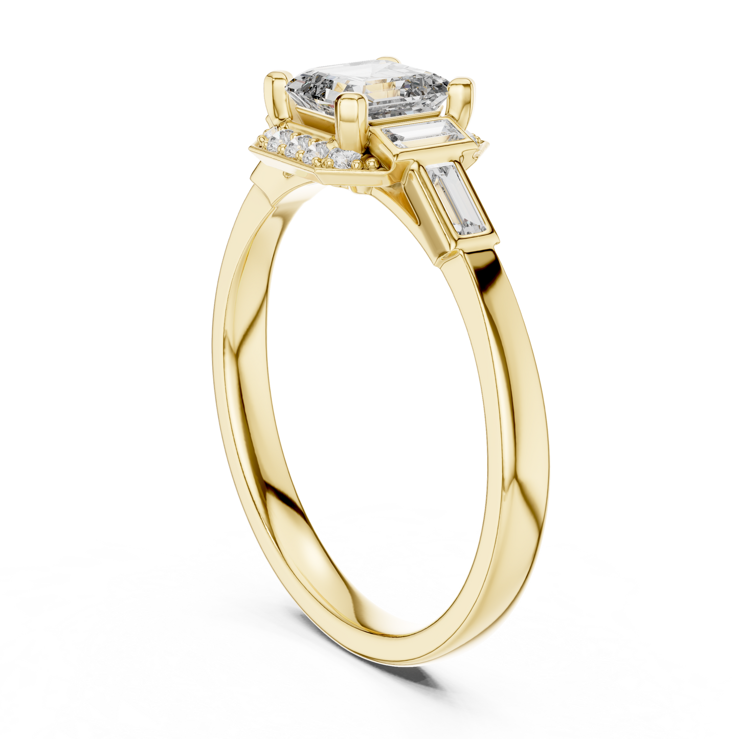 0.60CtRadiant Cut Baguette Side Stone Engagement Ring-Minimal  Silver Ring Embellished with Elongated Cut Stones