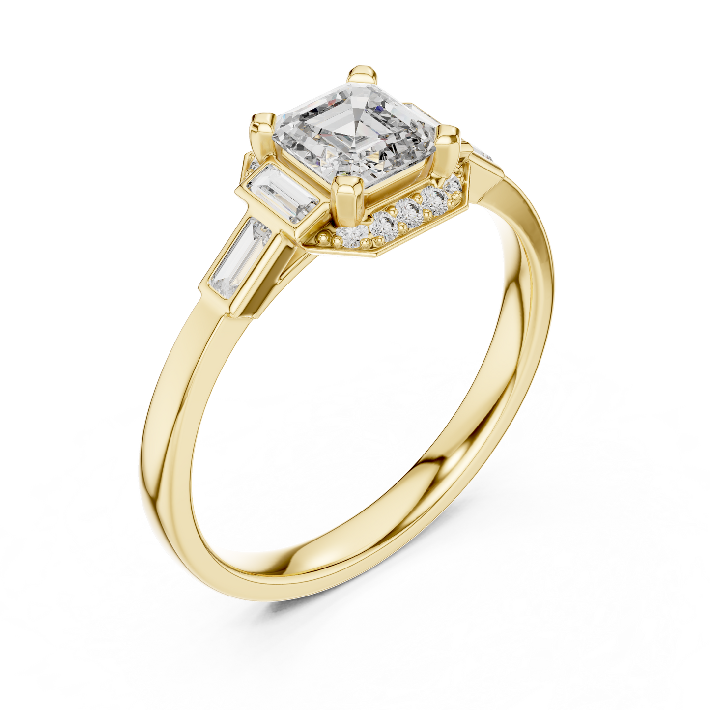 0.60CtRadiant Cut Baguette Side Stone Engagement Ring-Minimal  Silver Ring Embellished with Elongated Cut Stones