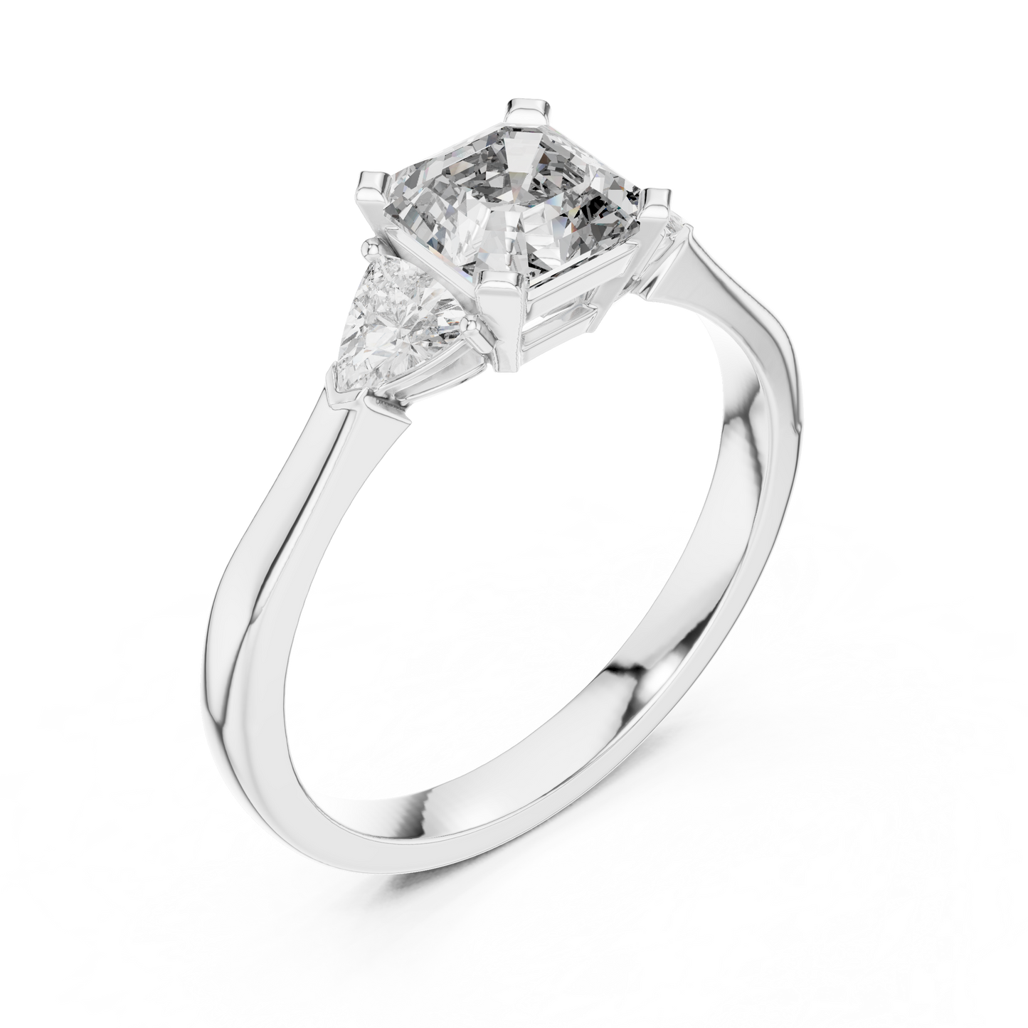 1.00CtAsscher Cut Three-Stone Engagement Ring • Trillion Side Stones • Custom White Silver Ring