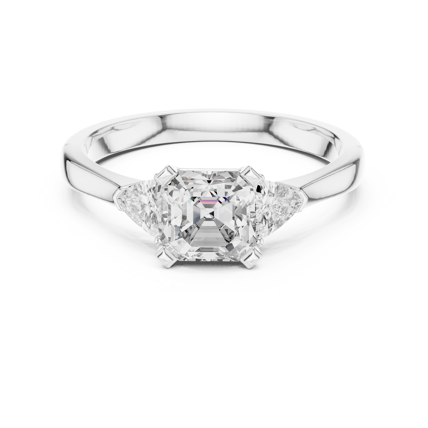 1.00CtAsscher Cut Three-Stone Engagement Ring • Trillion Side Stones • Custom White Silver Ring