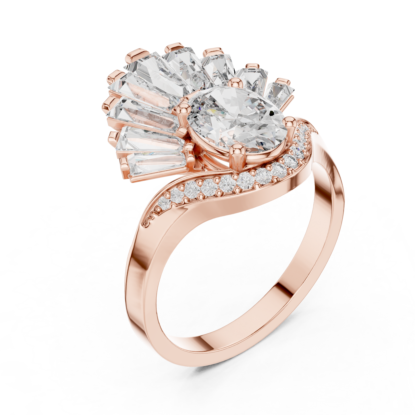 Halo Fleur™ Oval Radiance Ring — Petal-Fan Baguette Shine • Modern Glam Jewelry