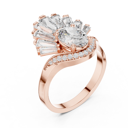 Halo Fleur™ Oval Radiance Ring — Petal-Fan Baguette Shine • Modern Glam Jewelry