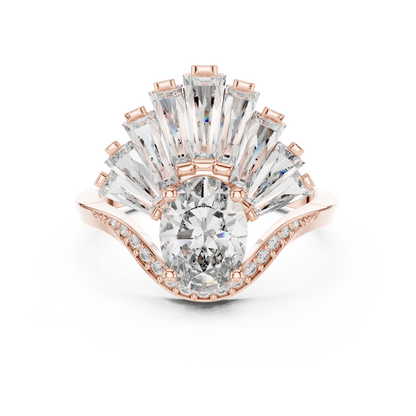 Halo Fleur™ Oval Radiance Ring — Petal-Fan Baguette Shine • Modern Glam Jewelry