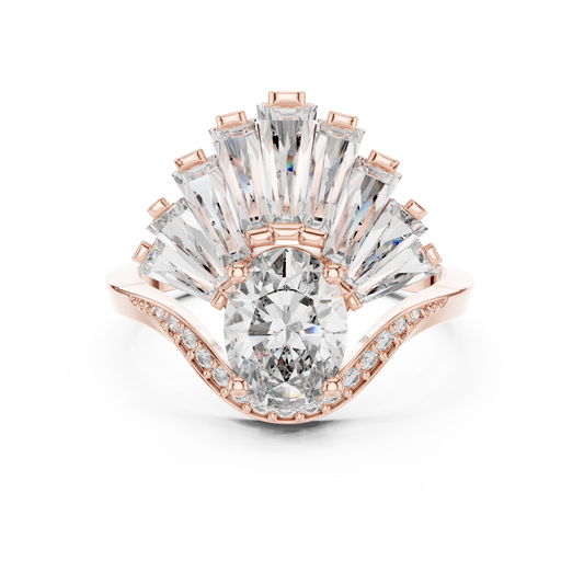 Halo Fleur™ Oval Radiance Ring — Petal-Fan Baguette Shine • Modern Glam Jewelry