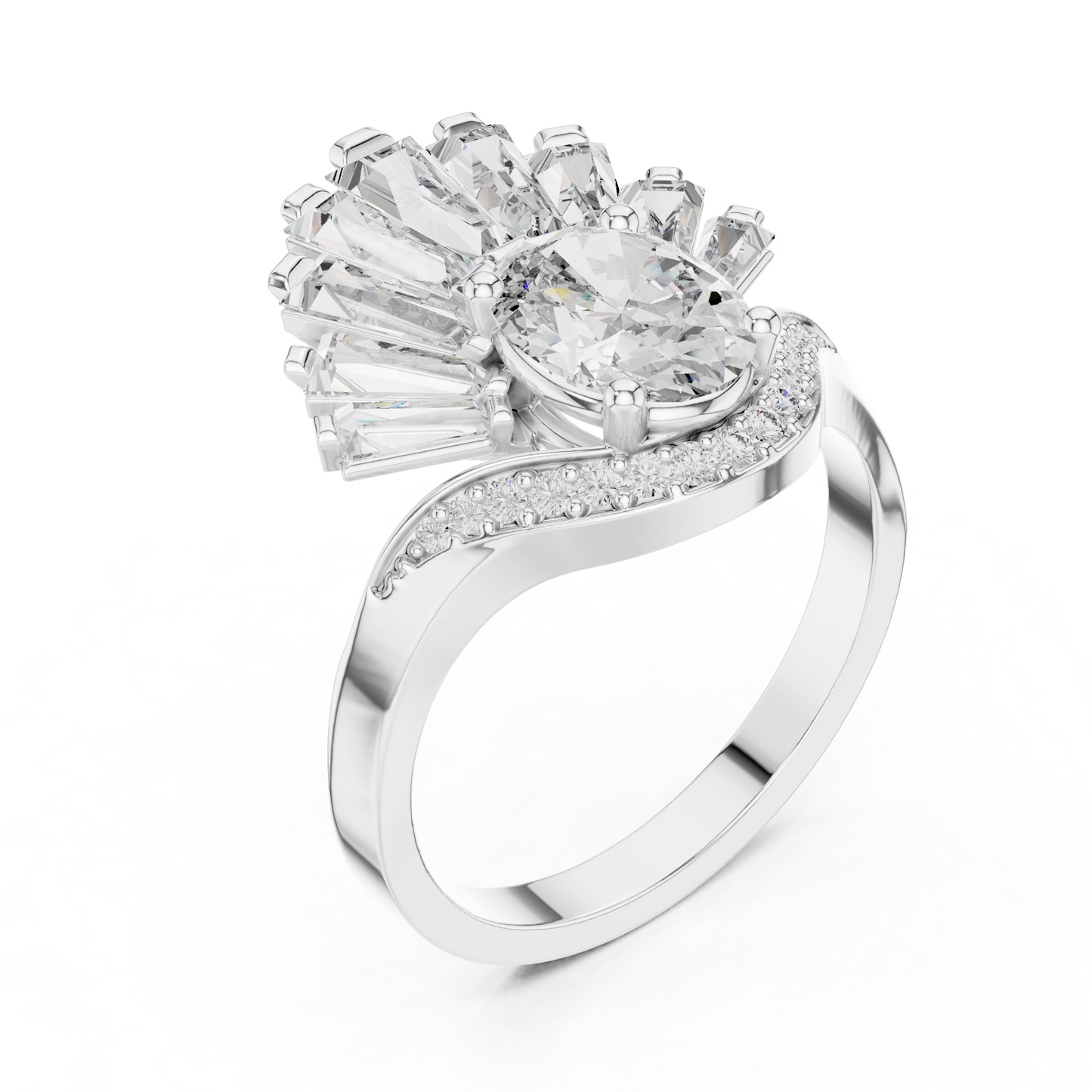 Halo Fleur™ Oval Radiance Ring — Petal-Fan Baguette Shine • Modern Glam Jewelry