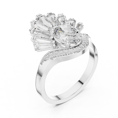 Halo Fleur™ Oval Radiance Ring — Petal-Fan Baguette Shine • Modern Glam Jewelry