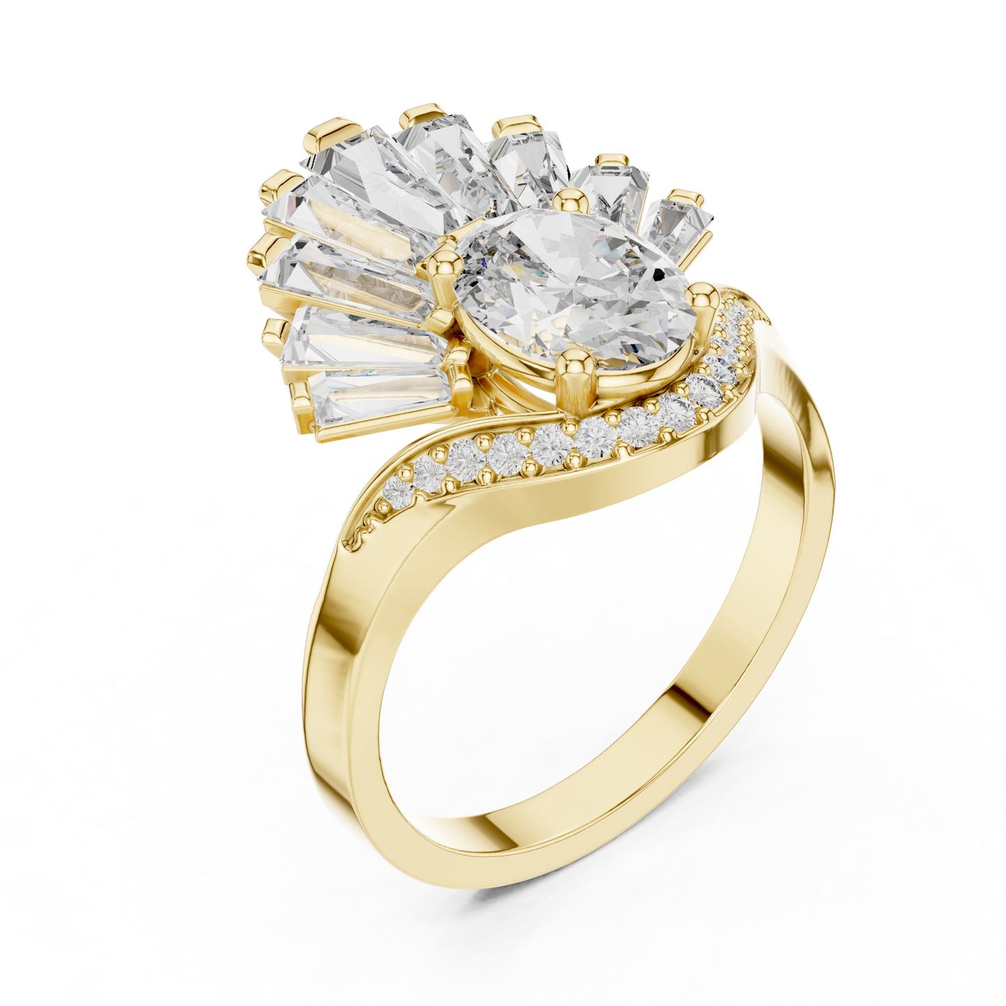 Halo Fleur™ Oval Radiance Ring — Petal-Fan Baguette Shine • Modern Glam Jewelry