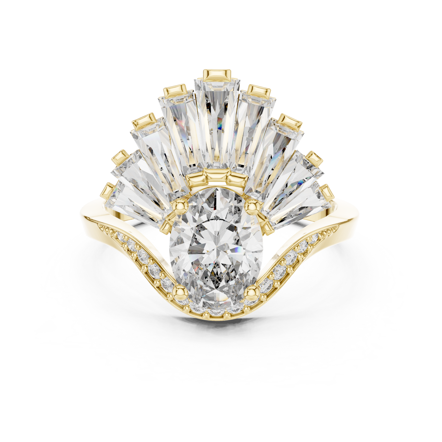 Halo Fleur™ Oval Radiance Ring — Petal-Fan Baguette Shine • Modern Glam Jewelry
