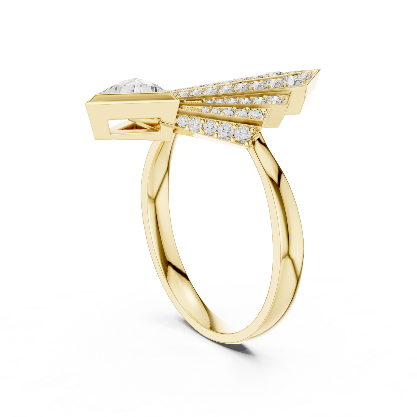 Bold Geometric Royal Ring | Triangle Diamond High Jewelry | Yellow Rose White Gold Glamour