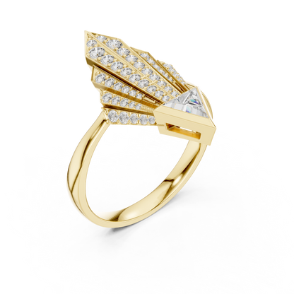 Bold Geometric Royal Ring | Triangle Diamond High Jewelry | Yellow Rose White Gold Glamour