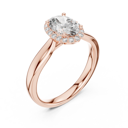 0.70Ct Oval Halo Engagement Ring – Twist Shank Band, Lab-Grown Diamond, Dainty Gold Proposal Ring