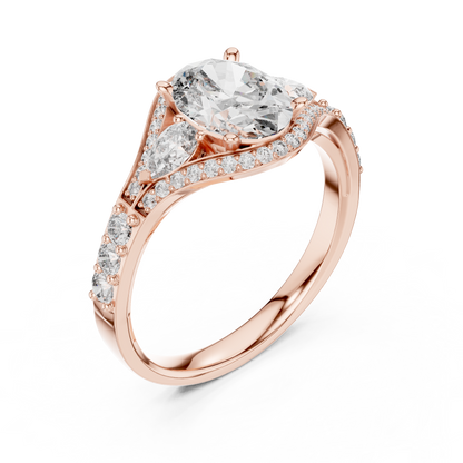 1.00CtUnique Oval Engagement Ring for Women • Three Stone Pear Accent Ring • Classic Gold  Jewelry