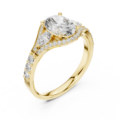 1.00CtUnique Oval Engagement Ring for Women • Three Stone Pear Accent Ring • Classic Gold  Jewelry