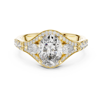 1.00CtUnique Oval Engagement Ring for Women • Three Stone Pear Accent Ring • Classic Gold  Jewelry