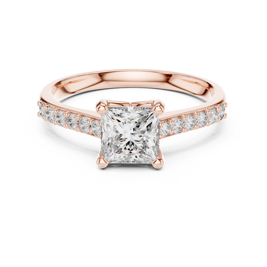 1.00CtPrincess-Cut Diamond Engagement Ring - Polished Rose Silver Ring with Micro Accent Diamonds