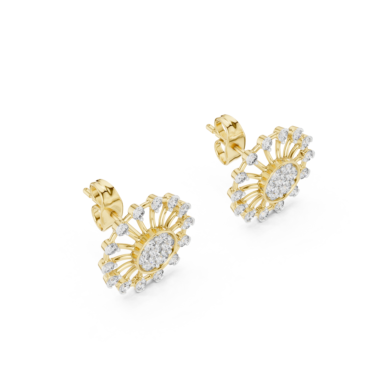 Étoile Royale Diamond Studs | Handcrafted Radiant Halo in Precious Gold | Lumière Orbit Diamond Stud Earrings | Sculptural Sunray Cluster Design