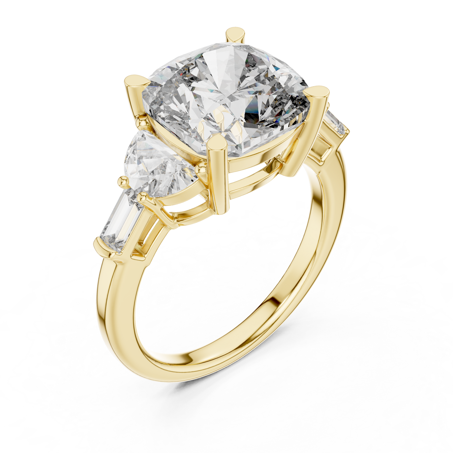 14K Gold Cushion Cut Lab Grown Diamond 3 Stone Engagement Ring Front Studio View For Etsy And Google Shopping