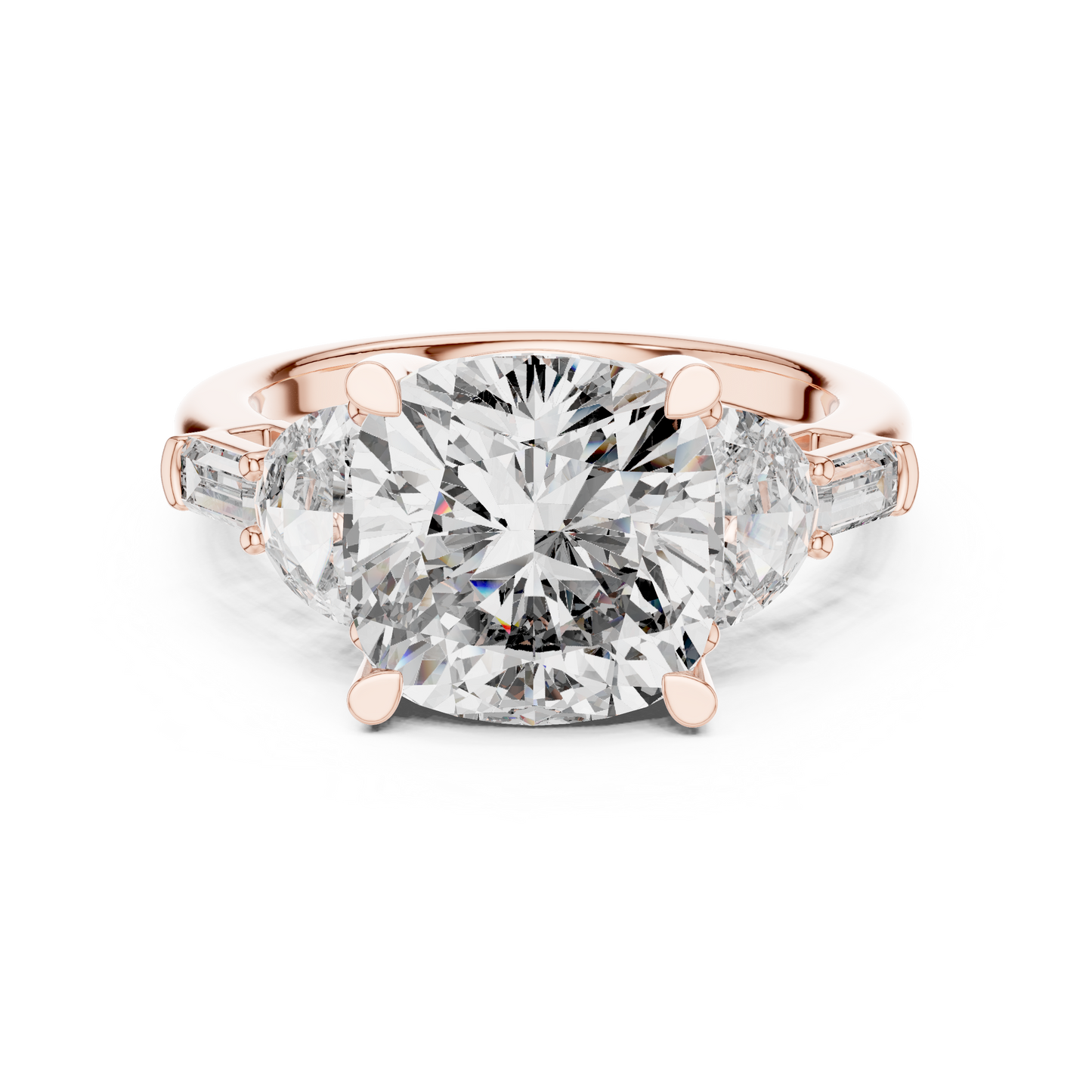14K Gold Cushion Cut Lab Grown Diamond engagement ring showcasing a stunning 5.19ct center stone with sparkling half moon side accents and elegant baguette diamonds for a unique bridal look