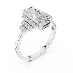 14K Gold Emerald Cut Engagement Ring Cathedral Prong Setting Emerald Cut Natural Outdoor Sunlight Fire Dispersion Sparkle Reflection View HB Prestige Jewels 14k Gold Ring
