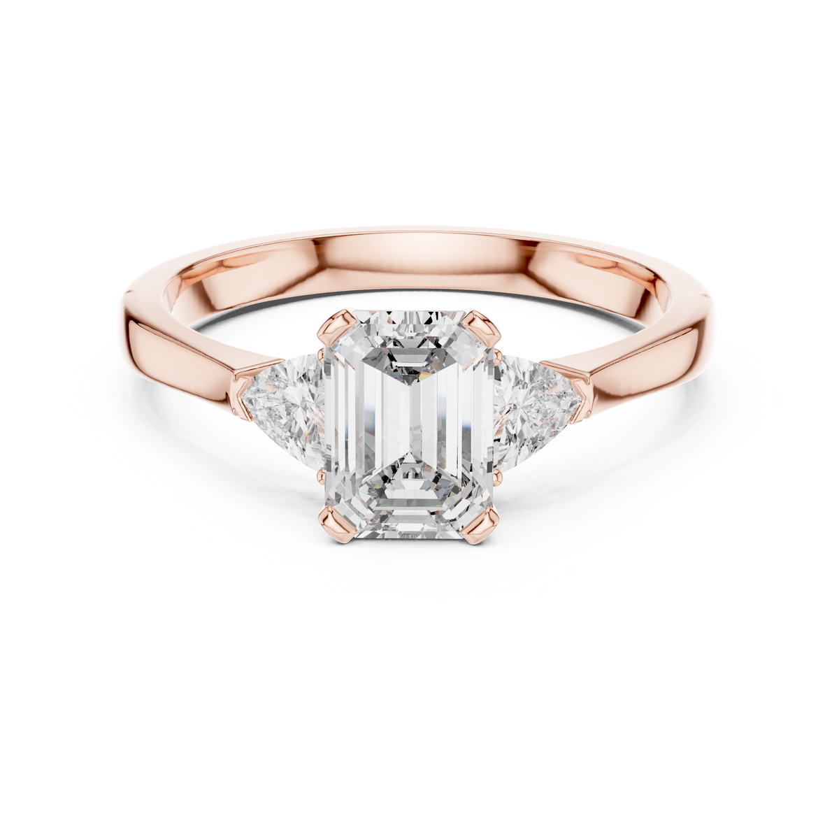 14K Gold Emerald Cut Lab Grown Diamond 3 Stone Engagement Ring front studio view showing the intricate collet setting and high quality gold polish for a luxury aesthetic on a white background

