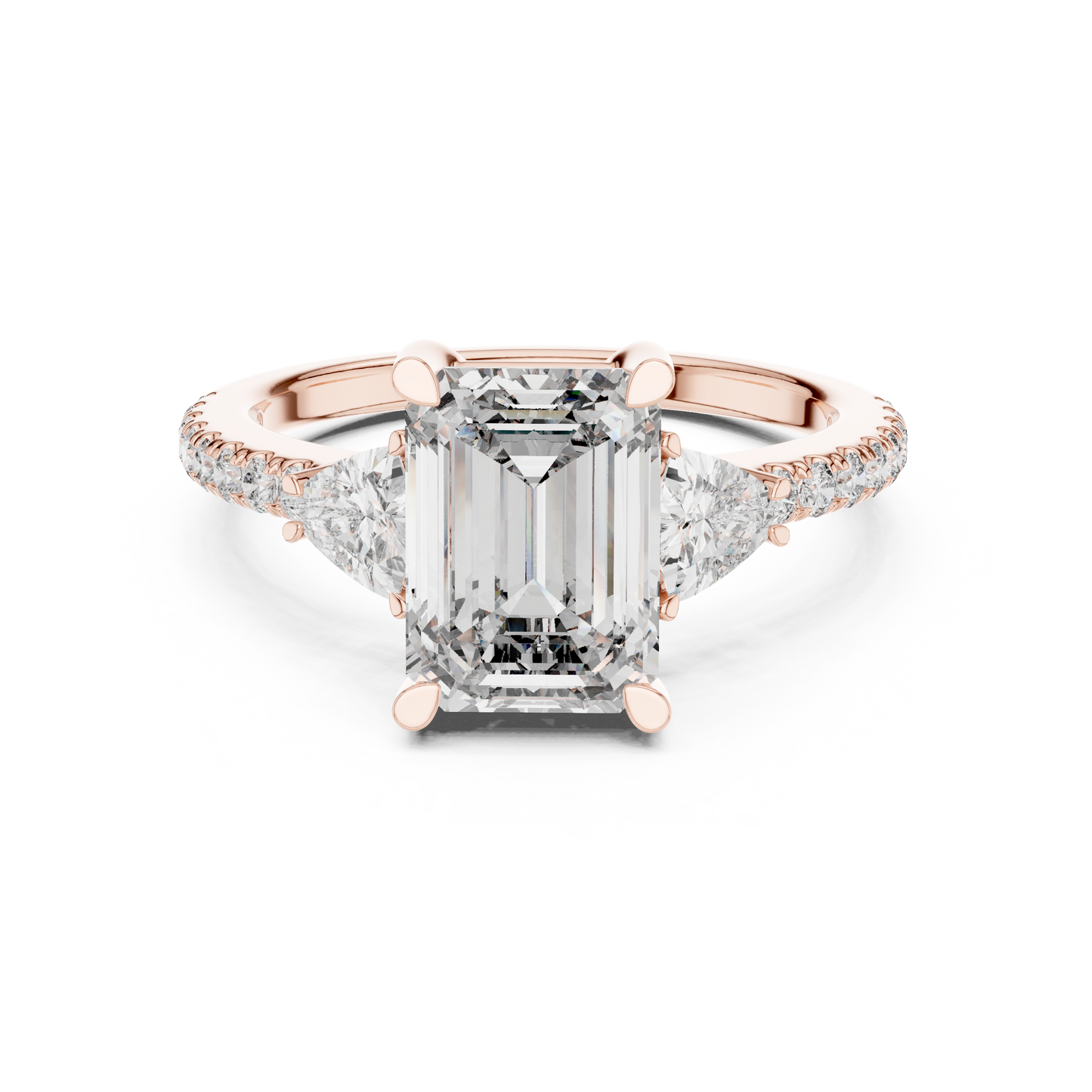 14K Gold Emerald Cut Lab Grown Diamond Three Stone Engagement Ring Front Studio View Professional Photography