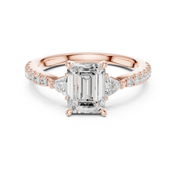 14K Gold Emerald Cut Lab Grown Diamond Three Stone Ring front view showing brilliant stone clarity and professional setting