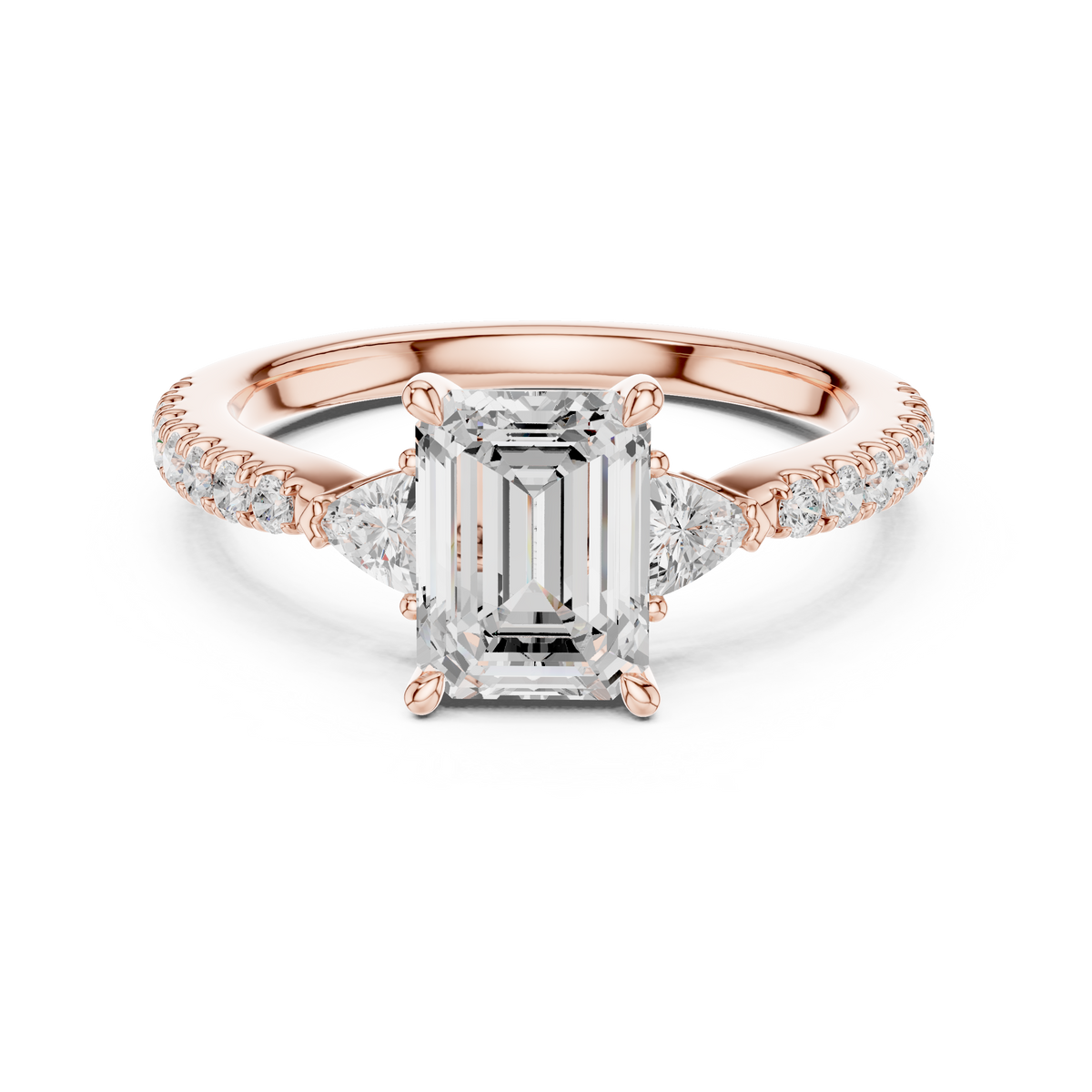 14K Gold Emerald Cut Lab Grown Diamond Three Stone Ring front view showing brilliant stone clarity and professional setting