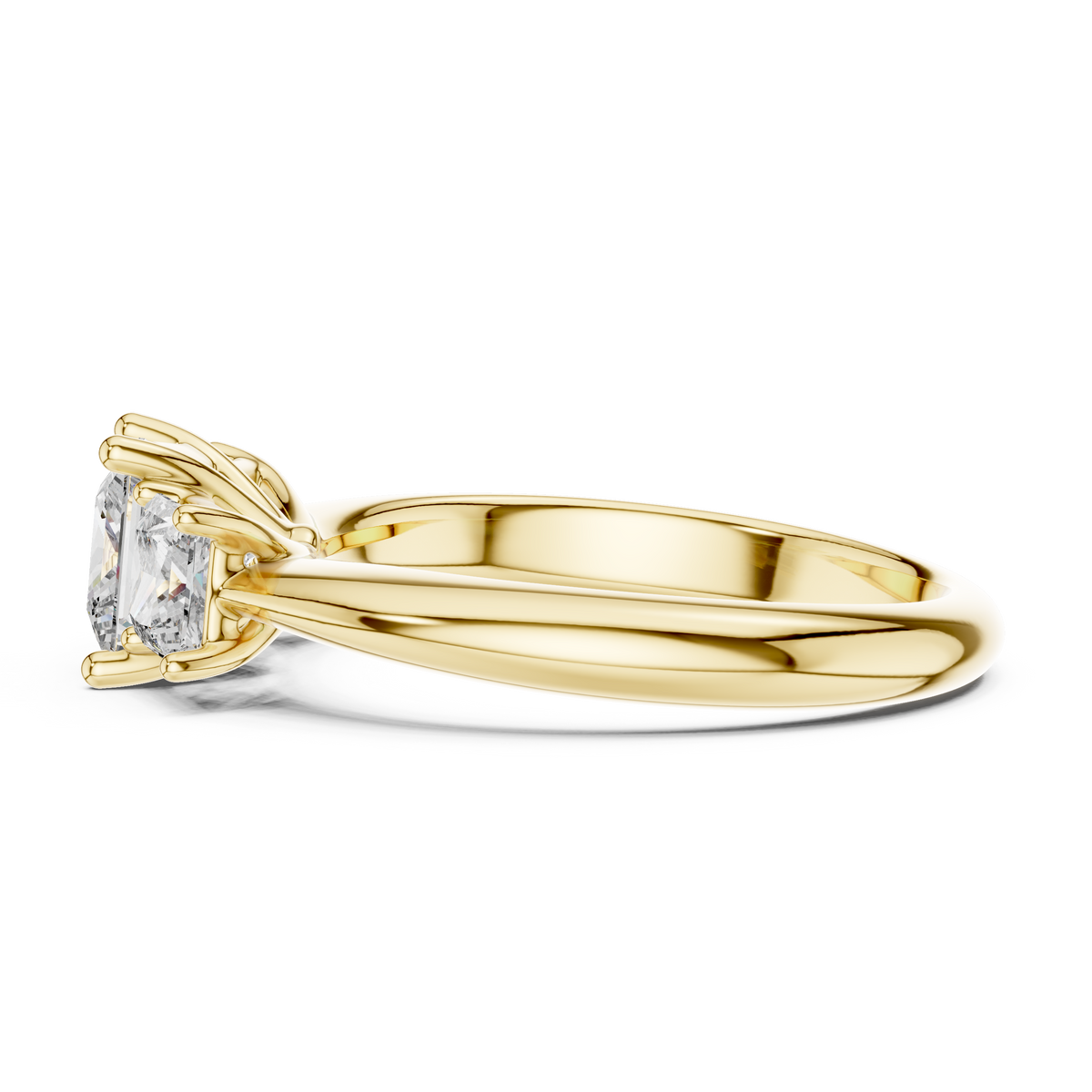 14K Gold Lab Diamond 3 Stone Ring stacked alongside a matching solid gold polished wedding band demonstrating seamless fit for a complete bridal set.

