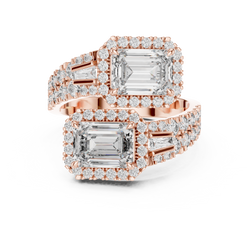 14K Gold Lab Diamo14K Gold Lab Diamond Ring front studio view featuring dual emerald cut center stones surrounded by brilliant baguette and round diamond accents in a luxury Toi Et Moi setting, perfect for engagement and anniversary gifts for her on Etsy and Google Search.nd Ring Front View