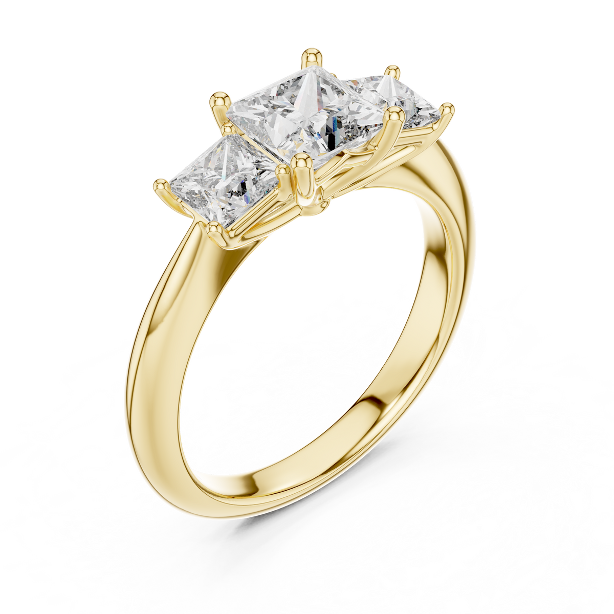 14K Gold Lab Diamond Ring side angle resting on satin surface highlighting solid gold hallmark band structural integrity and elegant balance of three stones.

