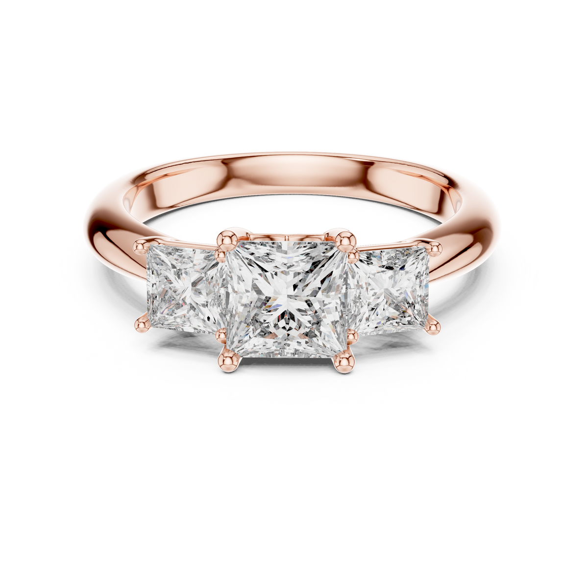 14K Gold Lab Diamond Ring studio front view featuring a center one carat princess cut lab grown diamond flanked by two princess cut side stones set in polished solid gold mounting showcasing brilliant sparkle for bridal engagement.

