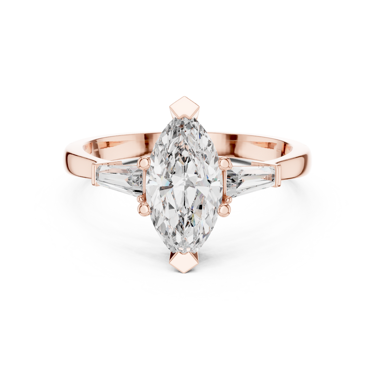 14K Gold Marquise Lab Diamond 3 Stone Engagement Ring Front View