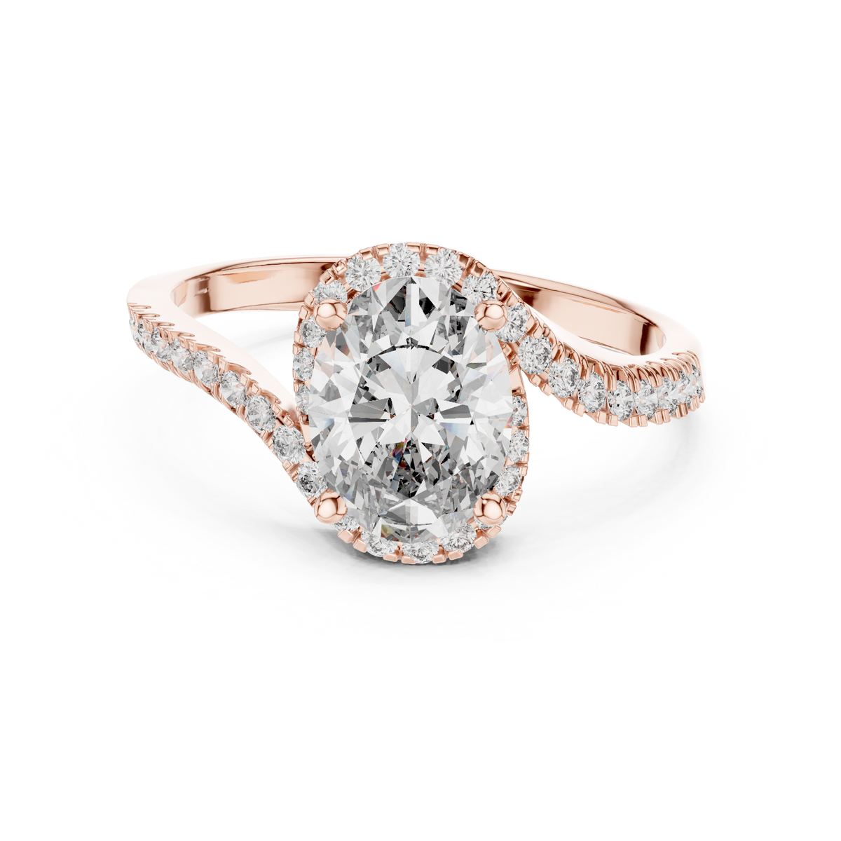 14K Gold Oval Lab Diamond Engagement Ring studio front view showing 8x6mm center stone with micro pave accent diamonds set in brilliant solid yellow gold band.

