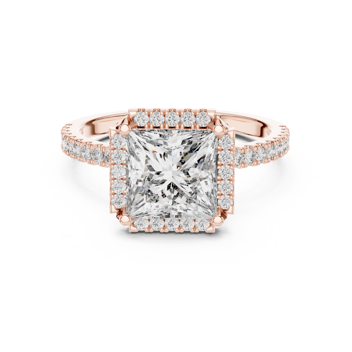 14K Gold Princess Cut Lab Grown Diamond Engagement Ring Hidden Halo Setting Front View Professional Studio Photography High Resolution
