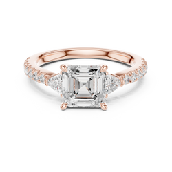 14K Gold Three Stone Asscher Cut Lab Grown Diamond Ring Top View