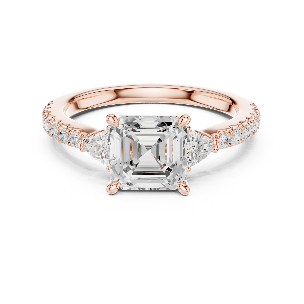 14K Gold Three Stone Asscher Cut Lab Grown Diamond Ring Top View