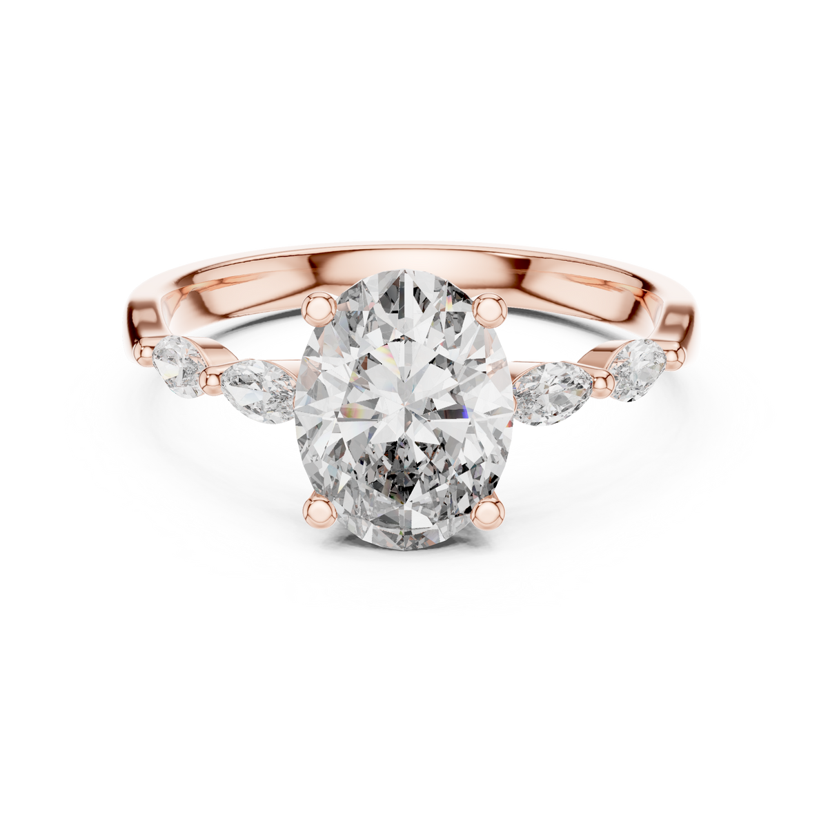 14K gold oval lab grown diamond engagement ring main studio view showing the brilliant center stone and marquise accent diamonds on a clean white background for high quality display

