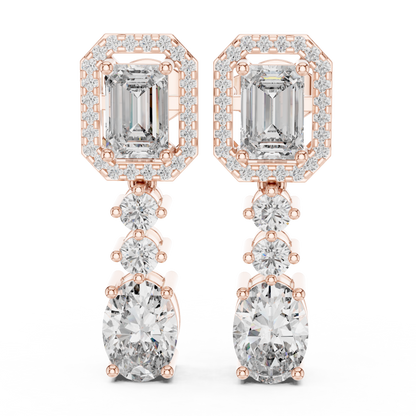 Emerald Halo Stone line Earrings | Oval Diamond Drop | Designer Luxury Craft | Gift For Her