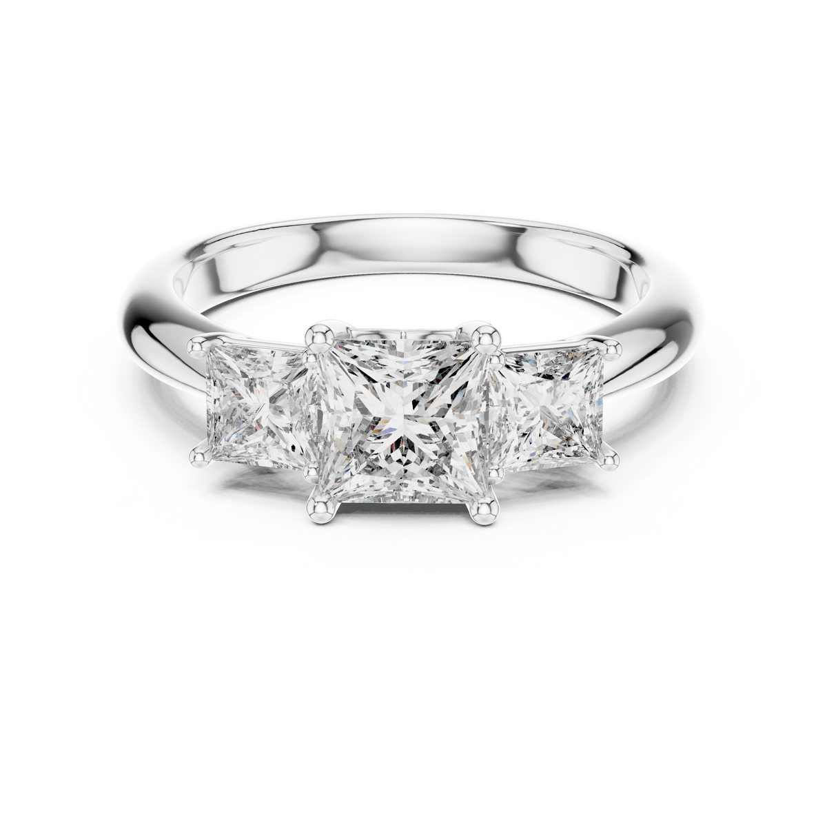 18K Gold Lab Diamond Ring side profile view showing the elevated gallery setting allowing maximum light reflection through the center and accent princess cut lab diamonds.

