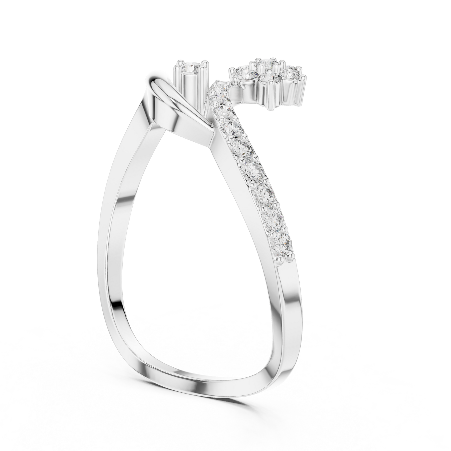 Adjustable-Style Bypass Ring – Dainty Diamond Floral Ring in Silver, Gift for Girlfriend