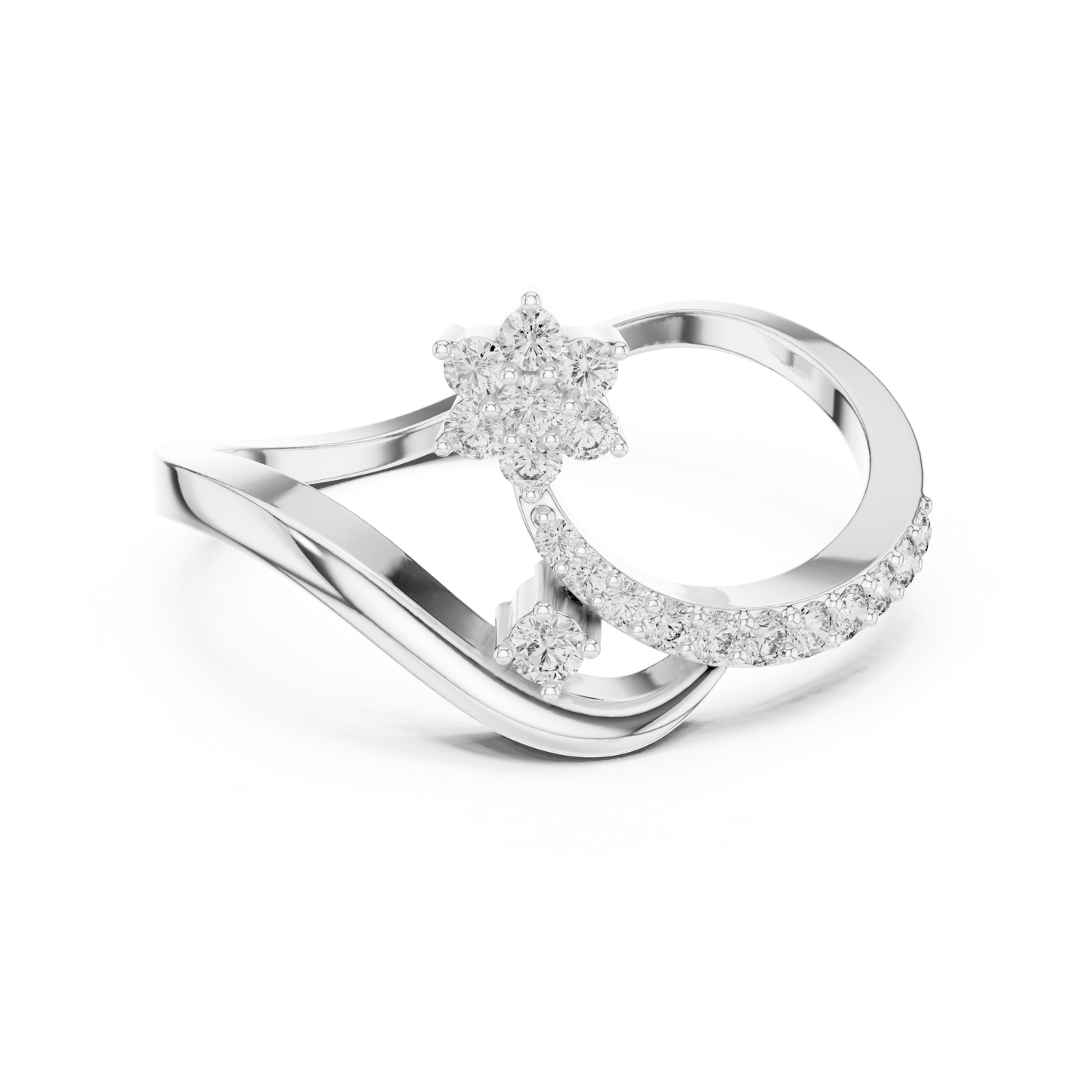 Adjustable-Style Bypass Ring – Dainty Diamond Floral Ring in Silver, Gift for Girlfriend