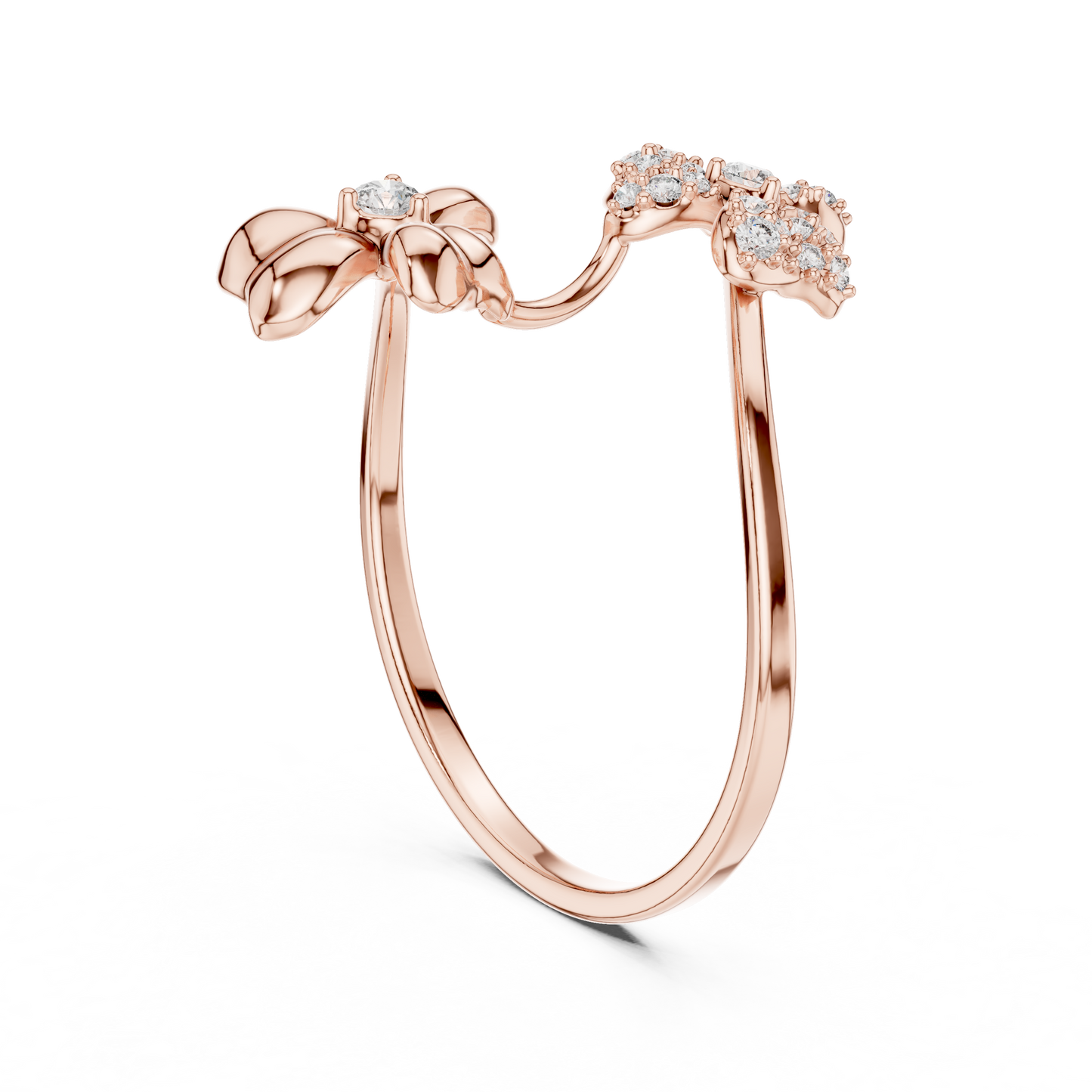 Adjustable Floral Diamond Ring – Two Flower Open Silver Band – Women’s Everyday Stacking Jewelry