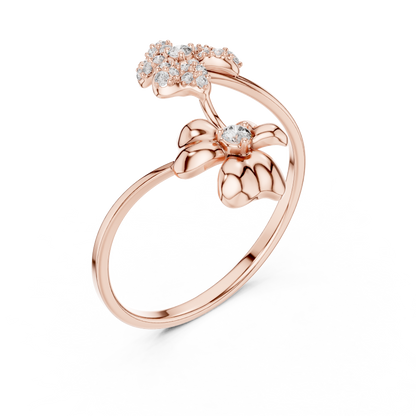 Adjustable Floral Diamond Ring – Two Flower Open Silver Band – Women’s Everyday Stacking Jewelry