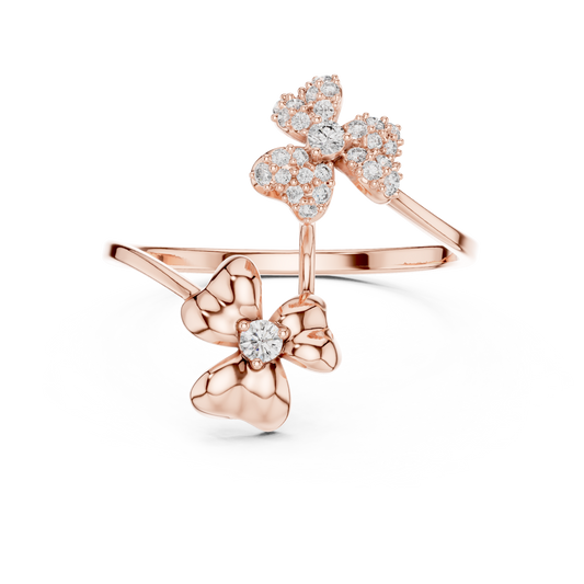 Adjustable Floral Diamond Ring – Two Flower Open Silver Band – Women’s Everyday Stacking Jewelry