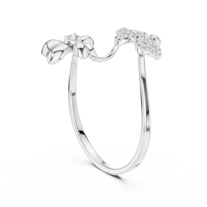 Adjustable Floral Diamond Ring – Two Flower Open Silver Band – Women’s Everyday Stacking Jewelry