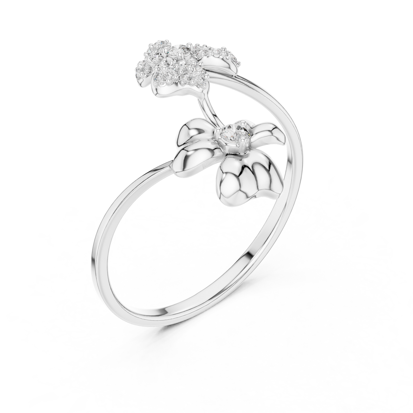 Adjustable Floral Diamond Ring – Two Flower Open Silver Band – Women’s Everyday Stacking Jewelry